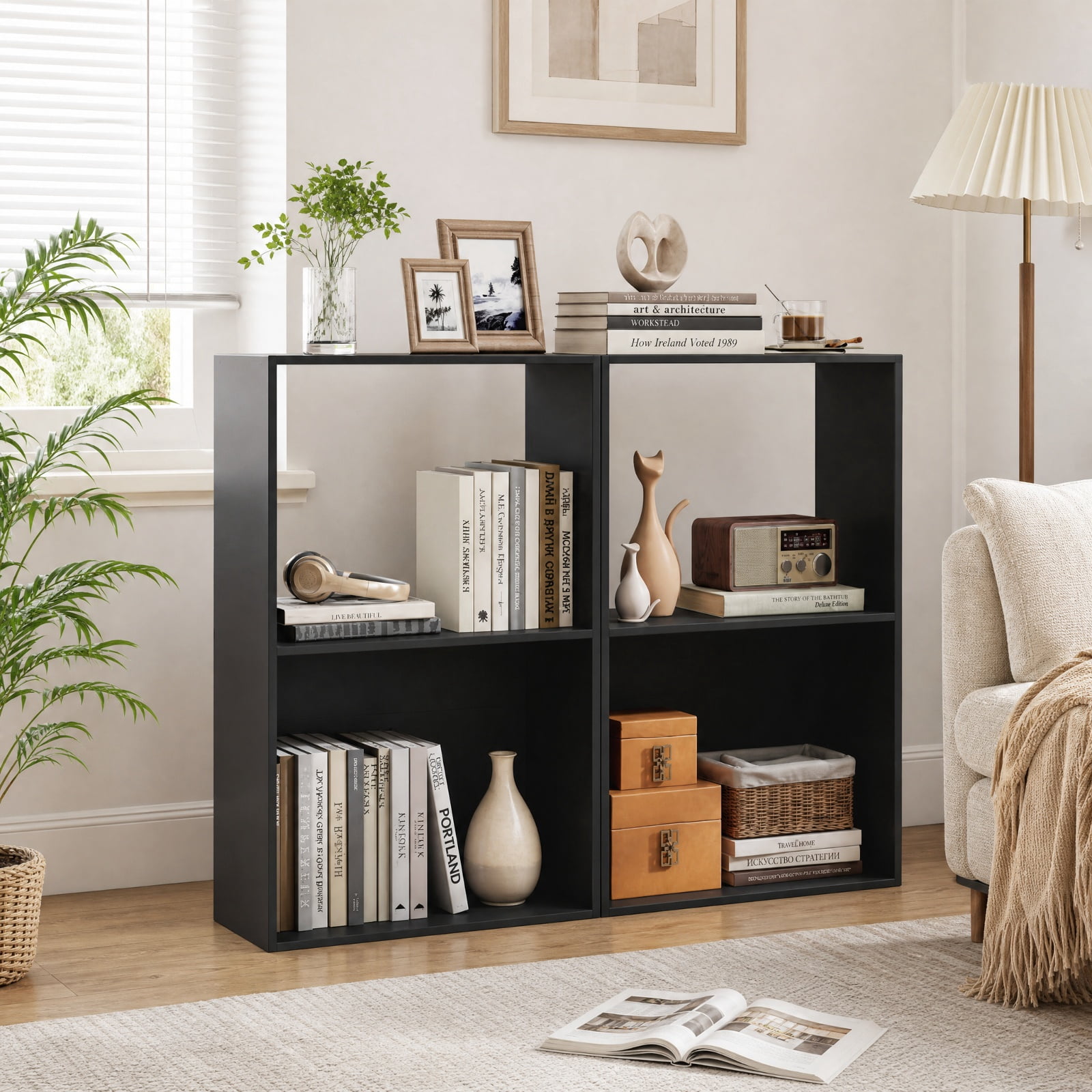 Furnibear Set of 2 3-Tier Freestanding Bookshelf with Open Storage Compartment and Display Shelf for Home Office and Study, Black