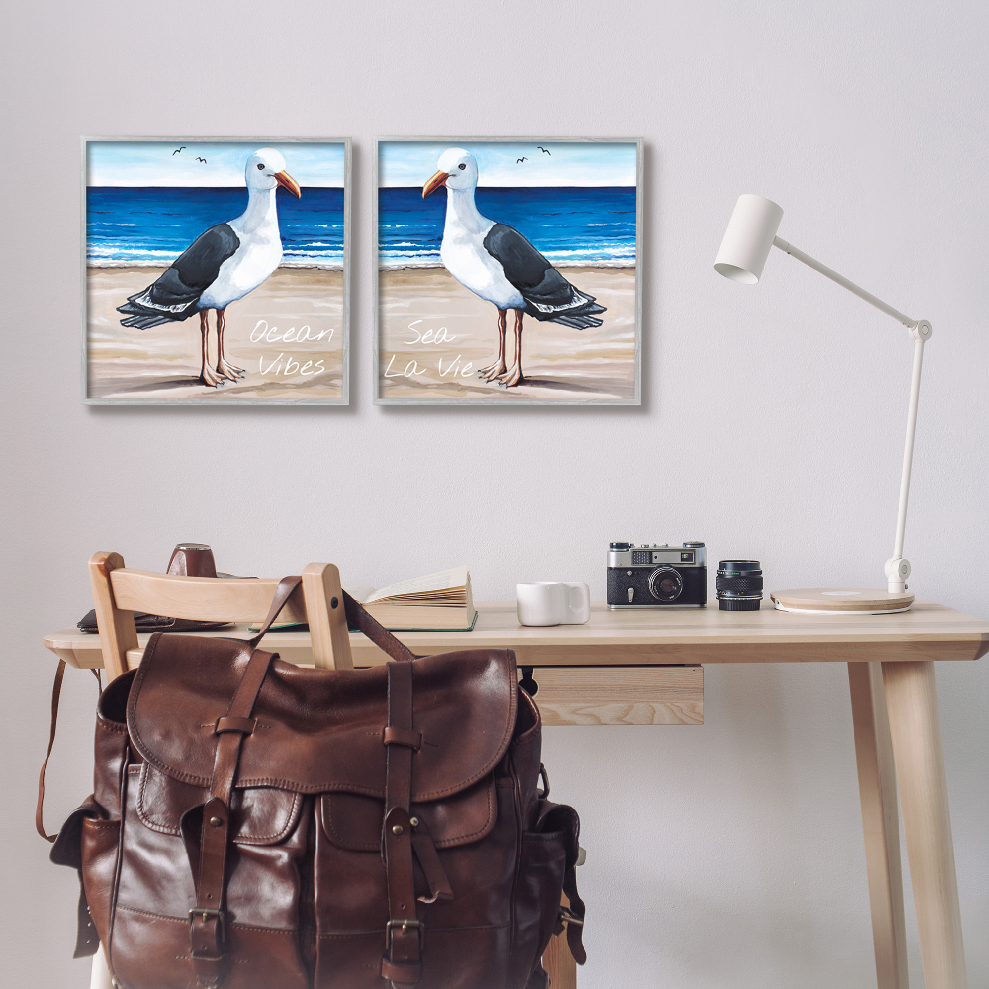 Stupell Industries Seagull Summer Beach Phrase Graphic Art Gray Framed Art Print Wall Art, Set of 2, Design by Elizabeth Tyndall