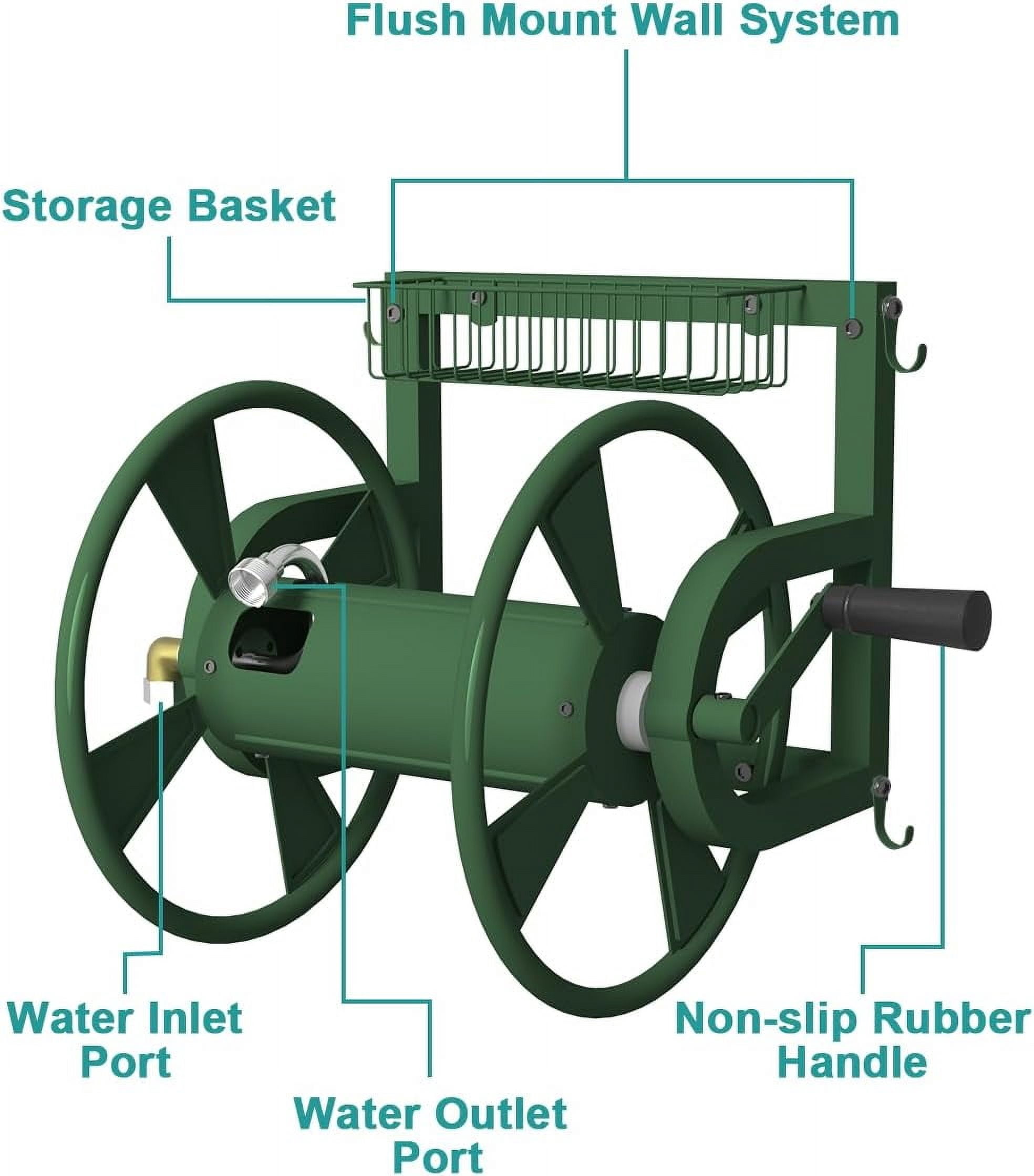 Outdoor Wall Mounted Hose Reel with Hook, Garden Heavy-Duty Water Holder Winder with 3.9 ft Leader Hose, Brass Fitting and Storage Basket for Yard, Holds 125 Ft of 5/8-Inch Hoses, Green