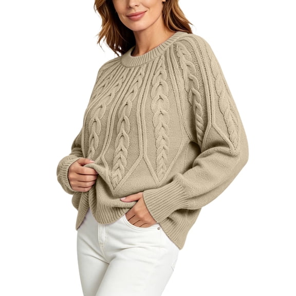 Edvintorg Long Sleeve Sweaters for Women Crew Neck Casual Pullover Knit Sweater Cropped Top Womens Clothes Khaki L
