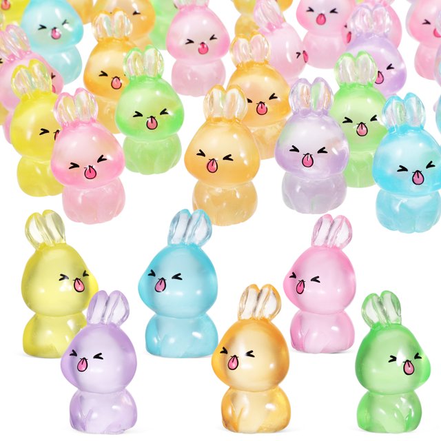 BRIGHTFUFU 84 figuras de conejo en miniatura, figuras de conejo brillantes, mini decoraciones de conejo de resina, figuras que brillan en la oscuridad, decoraciones para casas de muñecas