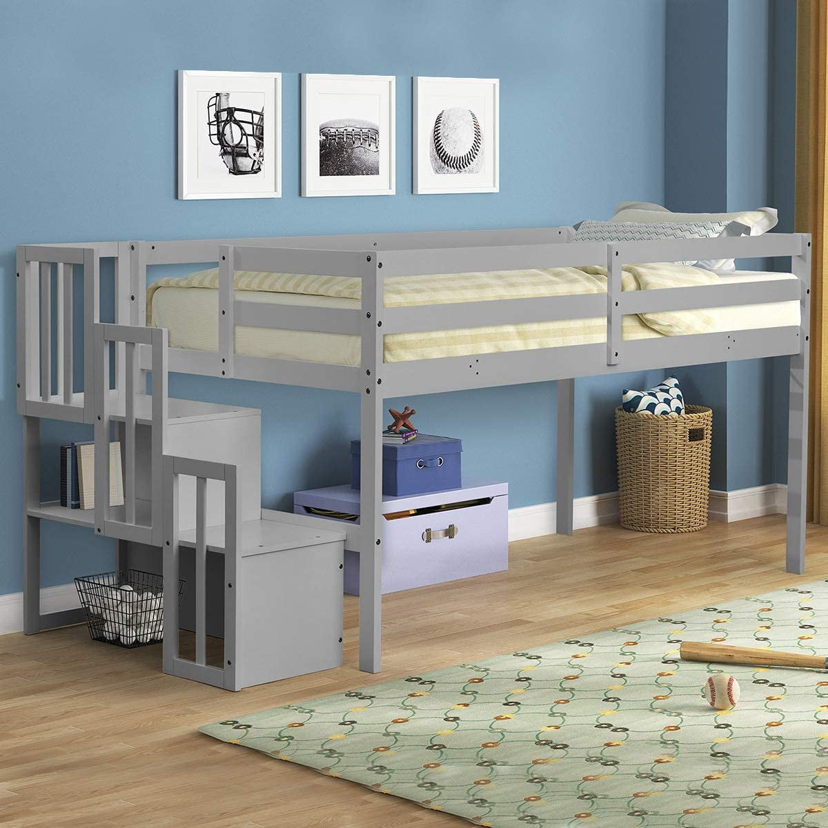 Piscis Twin Low Loft Bed with Staircase for Kids, Wooden Toddler with