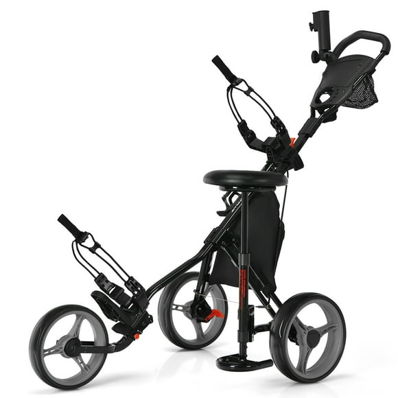 Goplus Folding 3 Wheels Golf Push Cart W/Seat Scoreboard Adjustable Handle Grey