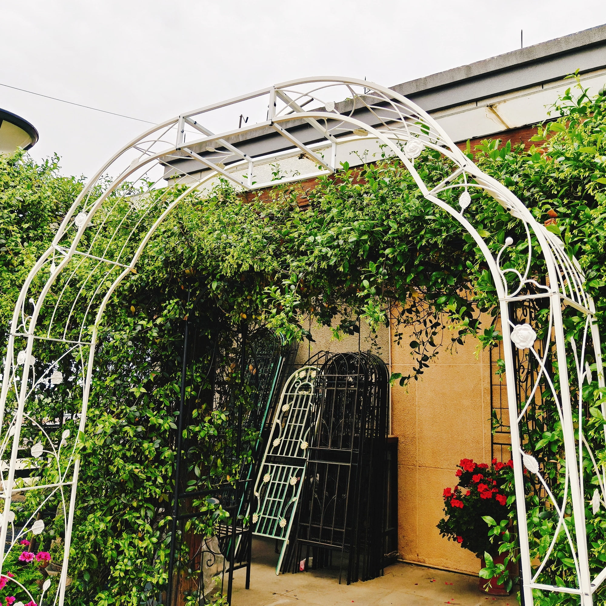 Metal Garden Arch W74.4" x H98.4" Garden Arbor Trellis Climbing Plants Support Rose Arch Outdoor Arch Cream White