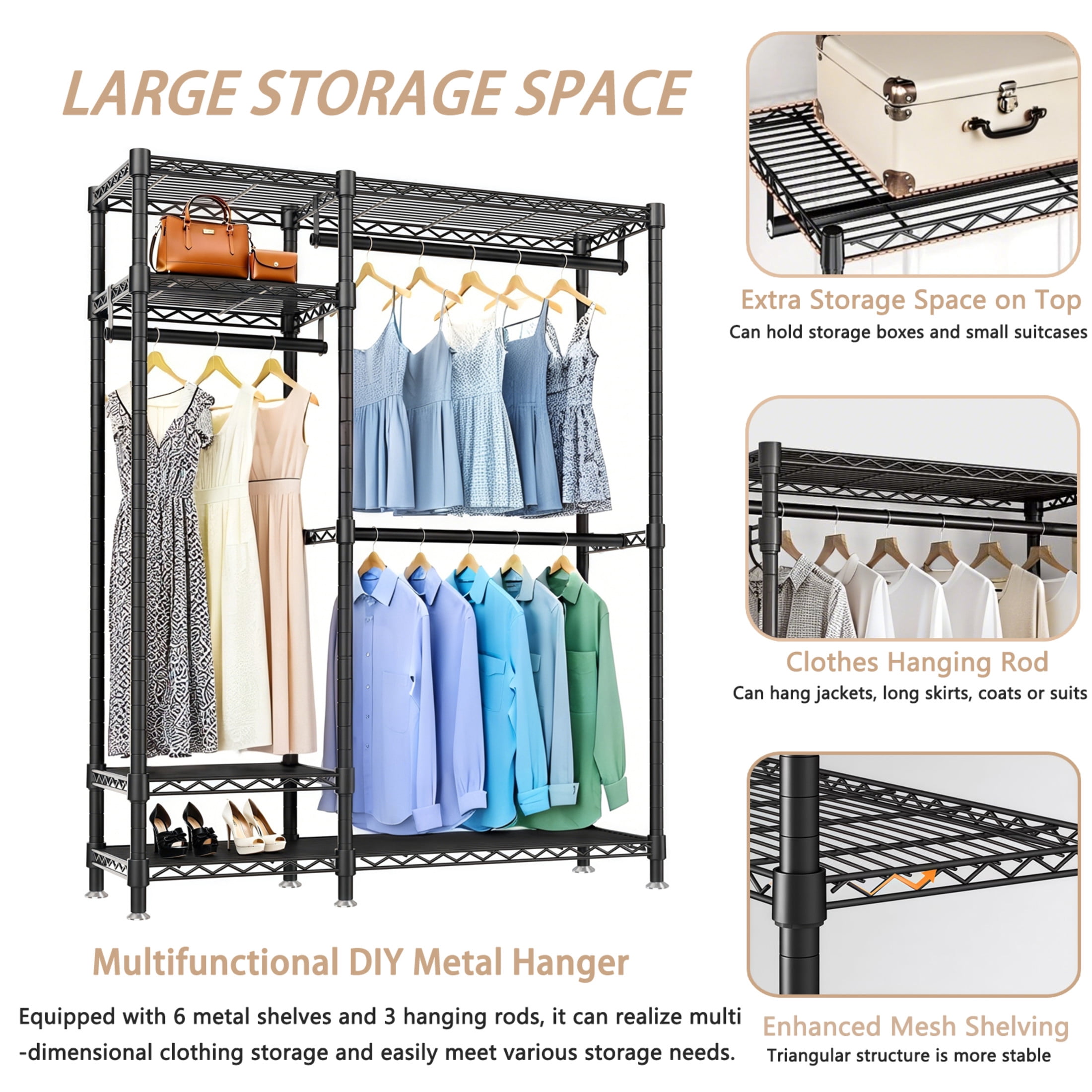 Noble House 76" Heavy-Duty Clothes Rack, Carbon Steel Freestanding Closet Organizer, Adjustable Wire Shelves, Black