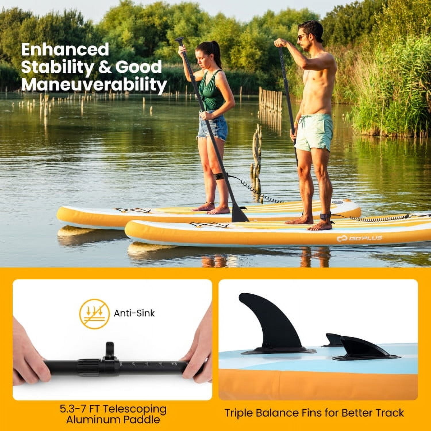 Yardi Yard Inflatable Stand up Paddle Board, Paddle Board with Adjustable Paddle and 3 Fins for Adults and Youths-S, Paddle Board for Outdoor, Yellow