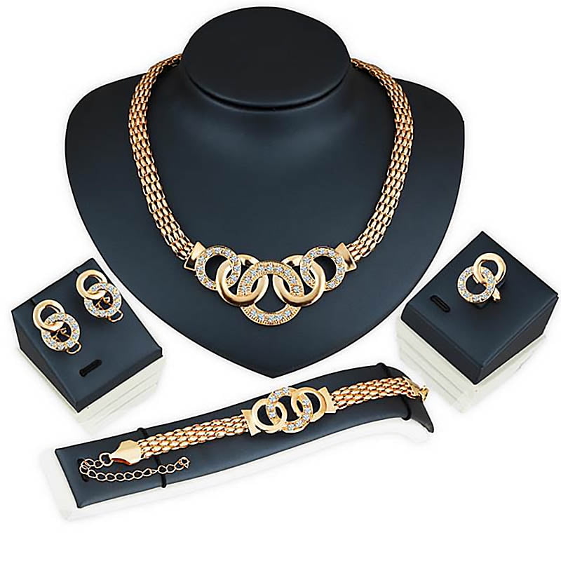 Dubai Gold Jewelry sets For Women Big Necklace Earring Ring Bracelet Crystal Jewelry Set Italian Bridal Wedding Accessories Sets