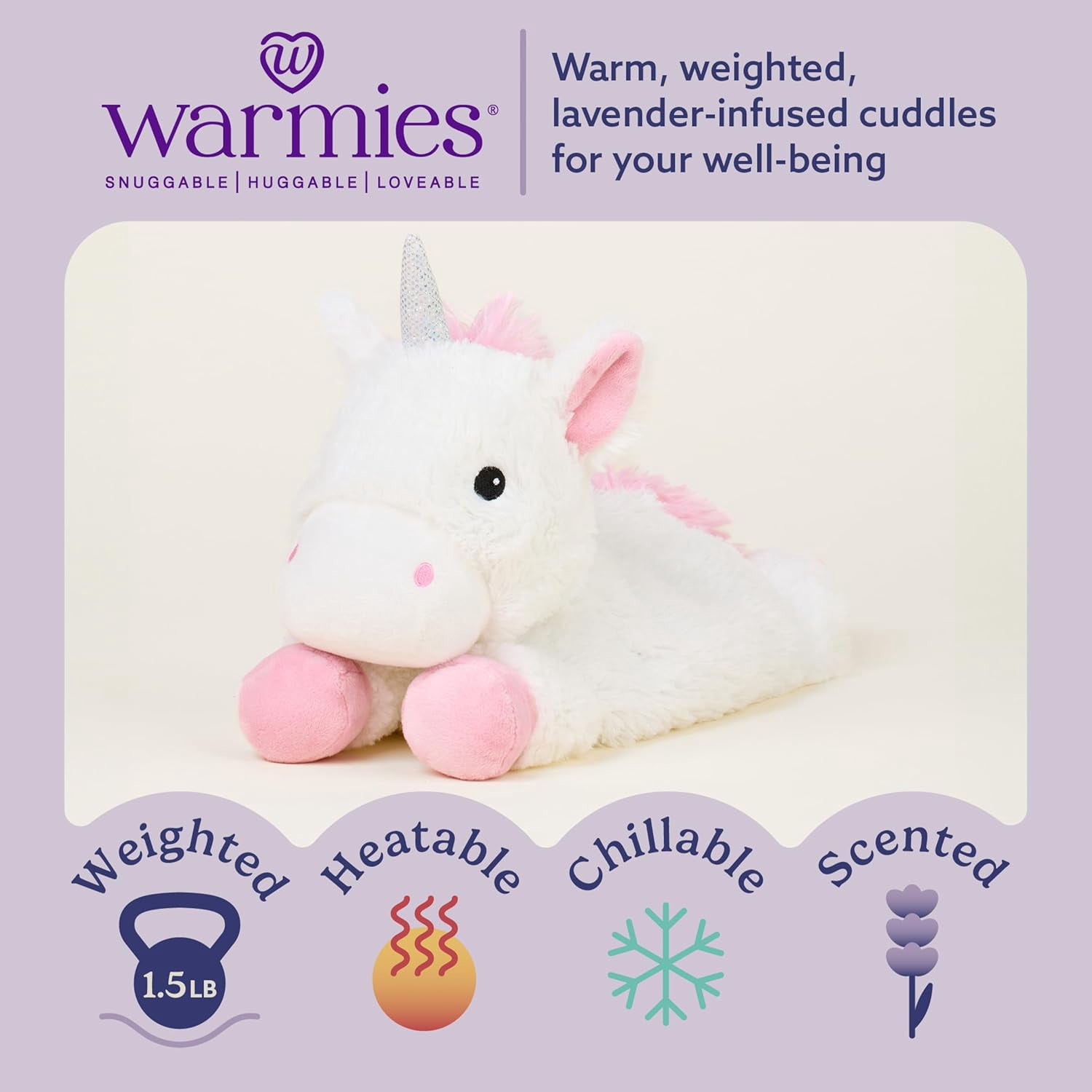 warmies 13” Laying Unicorn Stuffed Animal, Microwavable Heated Plushies and Weighted Soft Plush Toys