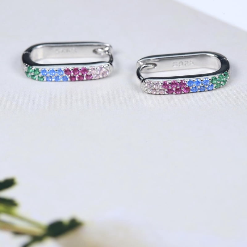 925 Sterling Silver Earrings for Women - Rectangle Rainbow Huggie Hoop Earrings Pavé Multicolor CZ, Hypoallergenic Dainty Jewelry for Daily Wear with RTT Jewelry Box