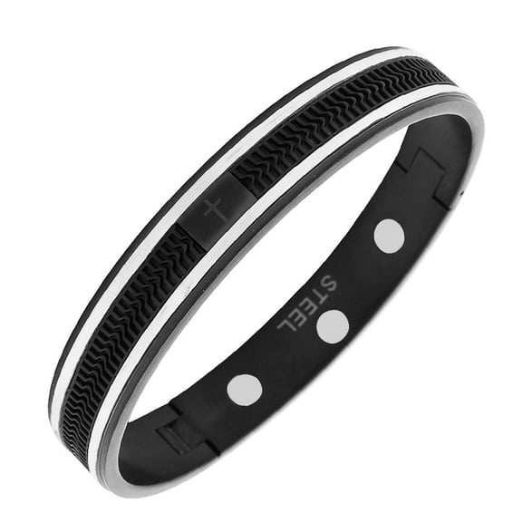 Stainless Steel Black Silver-Tone Rubber Silicone Classic Oval Men's Bracelet