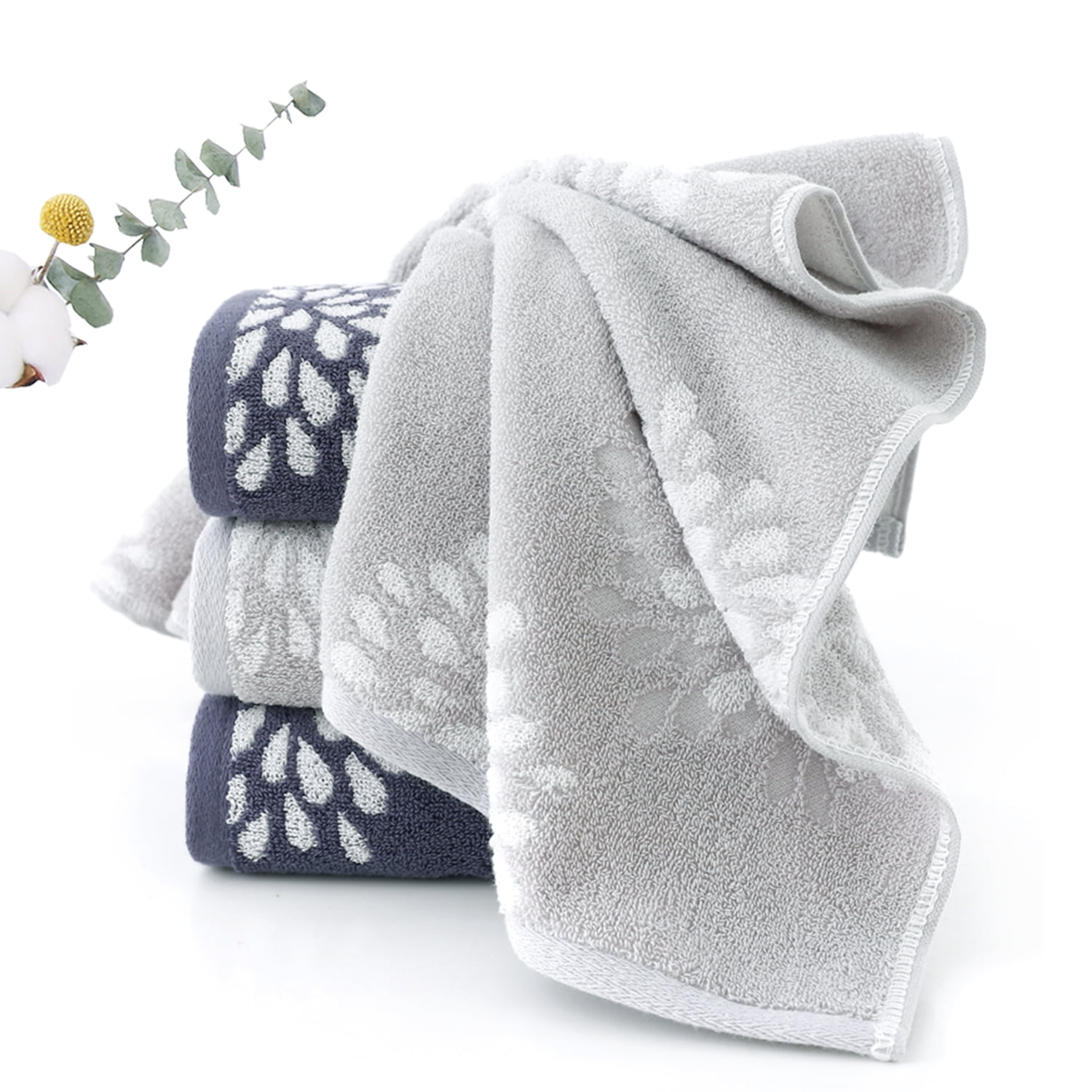 Pidada 100% Cotton Hydrangea Floral Pattern Hand Towels for Bathroom Set of 2 (Light Gray)