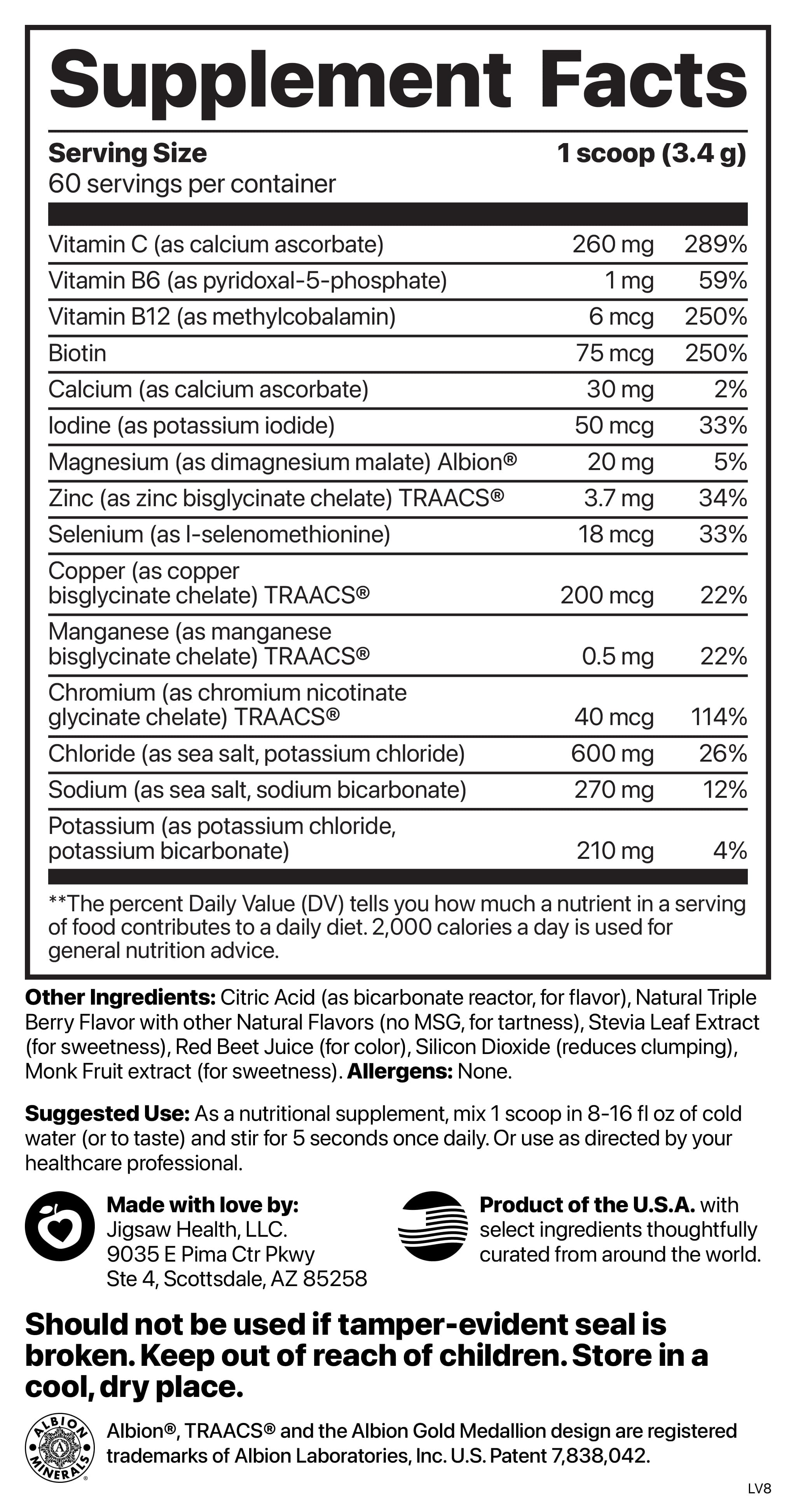 Jigsaw Health Electrolyte Supreme Berry-Licious Flavor, Broad Spectrum of Electrolytes + trace minerals, 60 Servings per Jar