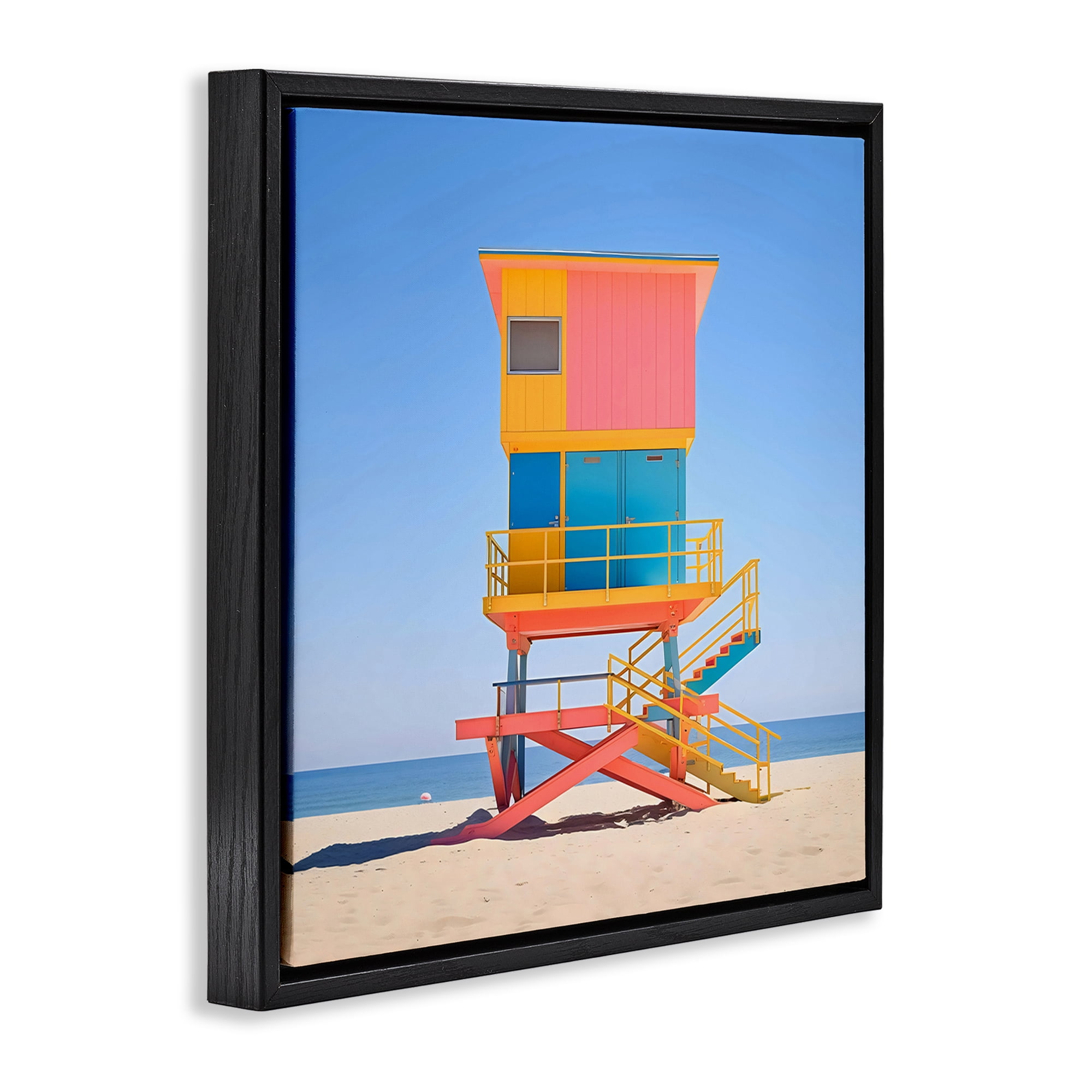 Stupell Industries Deco Lifeguard Tower on Beach Black Framed Floater Canvas Wall Art, design by Creative Studio