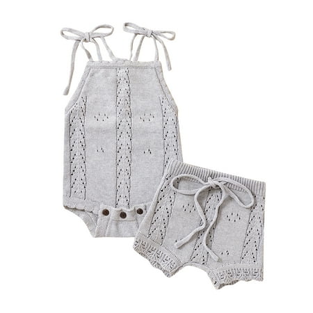 

Frobukio 2Pcs Newborn Baby Girls Summer Outfits Sleeveless Sling Romper + Solid Color Drawstring Shorts Sets Gray 3-6 Months