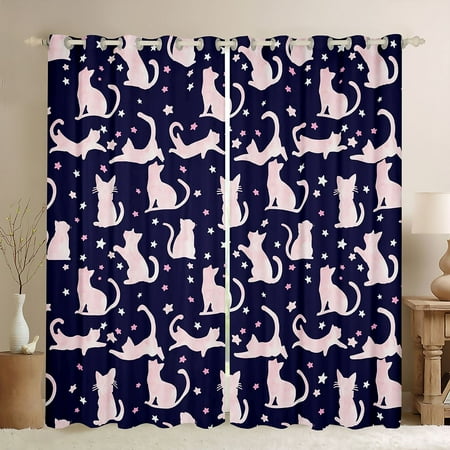 jejeloiu Pink Deepblue Black Out Curtains Cute Cat Kitten Curtains Pack of 2 (42x63 Each) Pet Animal Lover Bedroom Curtains For Girls Boys Microfiber Bedroom Decor