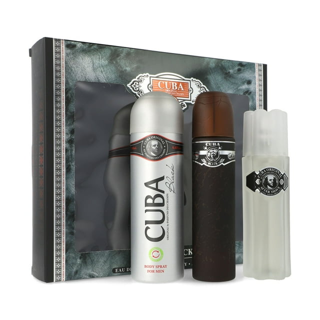Set Cuba Black For Men 3Pzs Cuba Cuba Spray EDT de 3.3 oz, After Shave de 3.3 oz, Spray corporal de 6.7 oz 3 Pc Gift Set