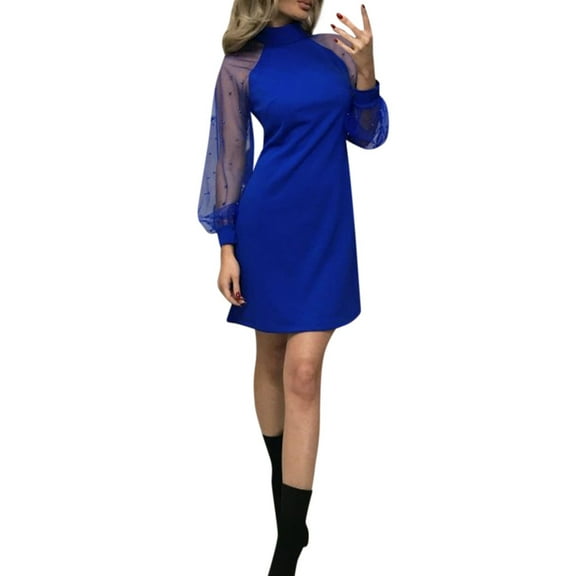 OSOLU Dresses Solid Color Women Pearl Beading Mesh Sleeve Dress Long Sleeve A-Line Mini Party Dress Lovely Sundress Wedding Guest Dress