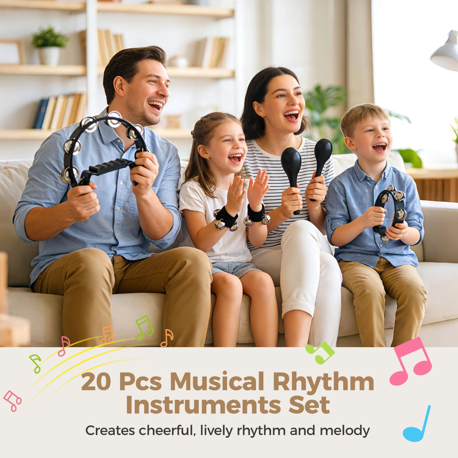 20 Pcs Musical Percussion Instrument Set with Large Tambourine, 4-Bell Tambourine, Maracas, Egg Shakers, Percussion sticks, and Wrist Jingle Bells, Black Plastic Instrument for Bar, Party, Stage