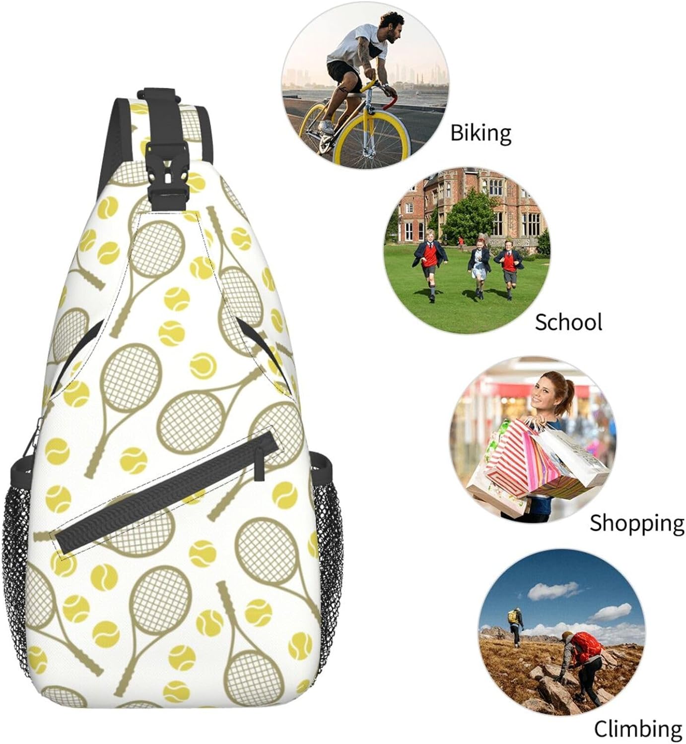 Tennis Rackets and Balls Pattern Sling Bag Crossbody Hiking Travel Chest Bags Backpack Shoulder Daypack for Women Men