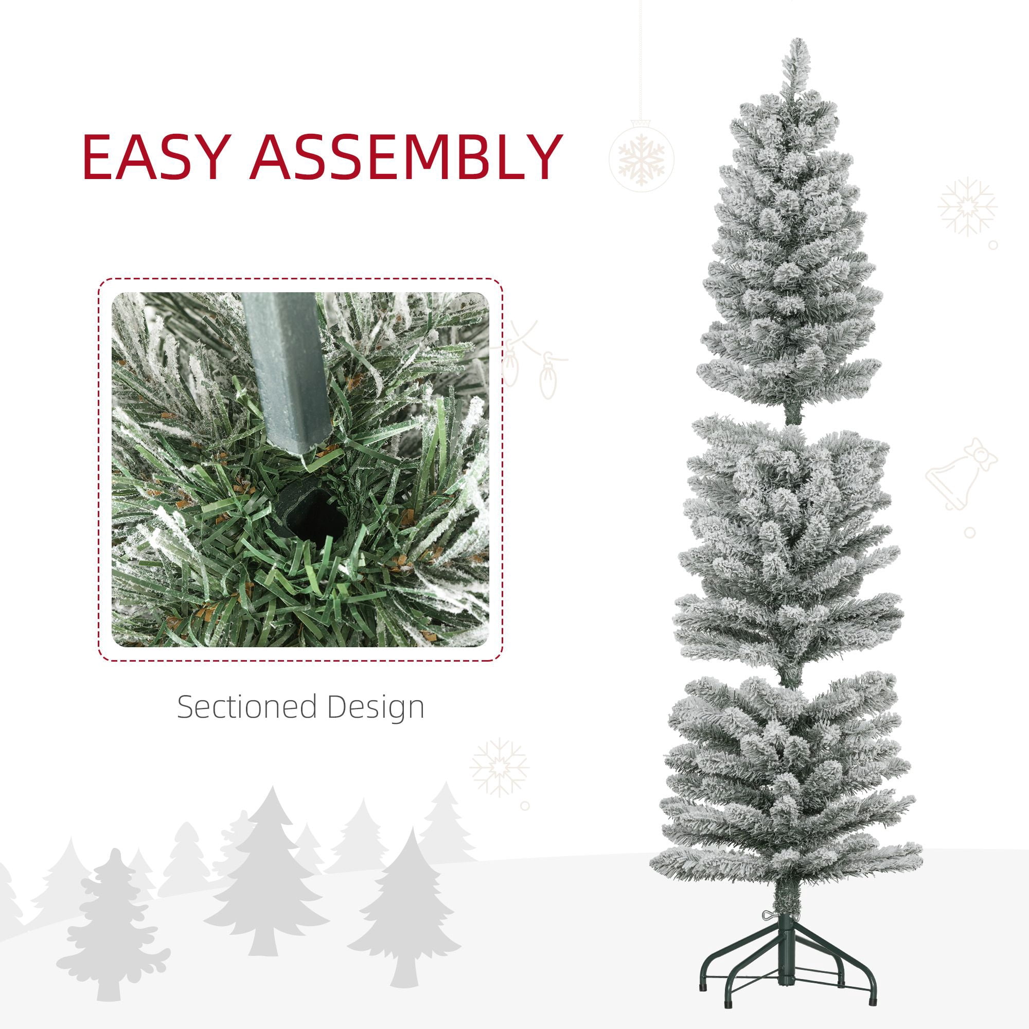 5 ft Artificial Christmas Tree with Snow Flocked Branches, Pencil Design, Metal Base, 263 Tips, Indoor Holiday Decoration