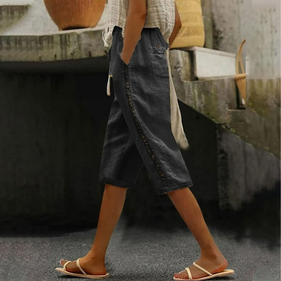 Rezuofi 1 Pcs Cotton Linen Shorts for Women 2025 Summer Casual Loose Fit Beach Bermuda Shorts Knee Length Pants with Pockets