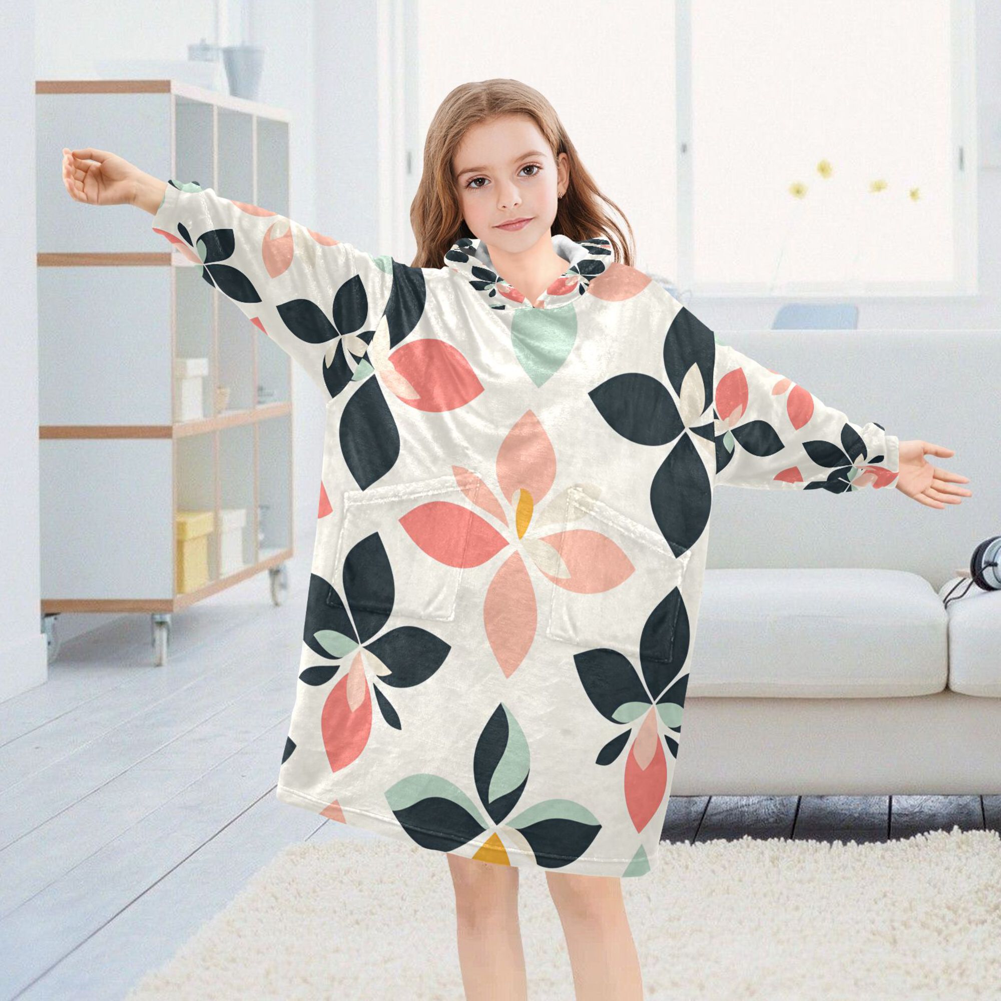 FORMRS Wearable Blanket Hoodie with Sleeves for Kids Cozy Flannel Sweatshirt, Black Retro Flower