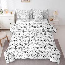 Homewish Teens Boys Girls Musical Note Bedding Comforter Set 7pcs,Music Melody Theme Queen Bedding Sets Super Cozy,Black White Queen Sheet Sets,Lightweight Room Decor,Reversible