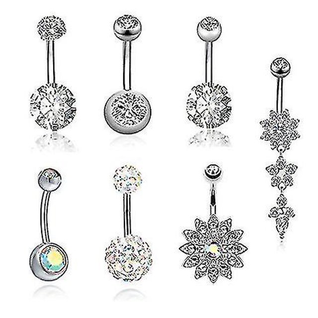 (Plata 7 piezas) Piercing de ombligo de acero inoxidable anillos de ombligo joyería del cuerpo para mujeres