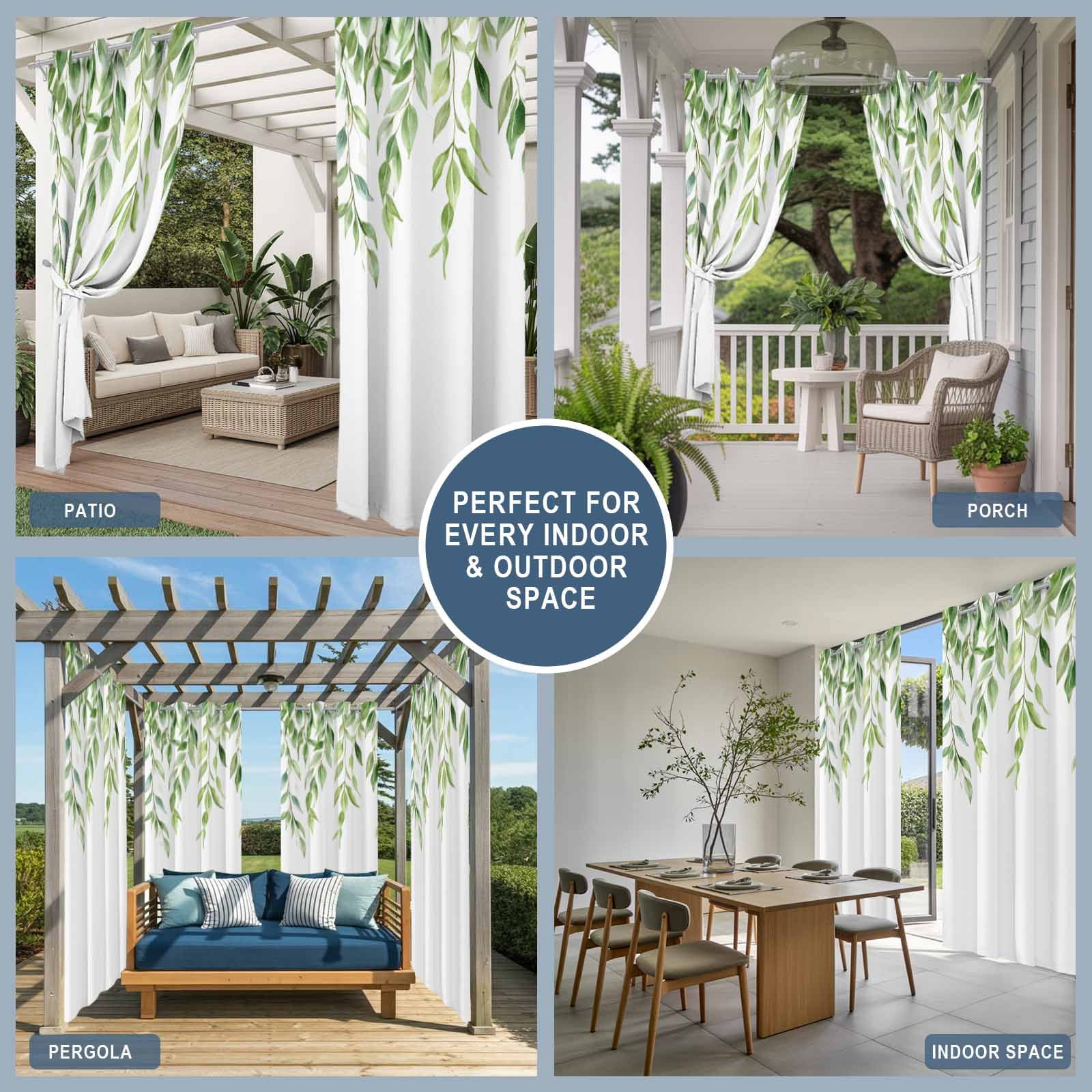 Outdoor Curtains for Patio Waterproof, Green Vines Windproof Pravicy Outside Porch Blackout Curtain, Spring Botanical Plants Leaves Farmhouse Sun Blocking Grommets Curtains for Cabana Gazebo 54"x108"