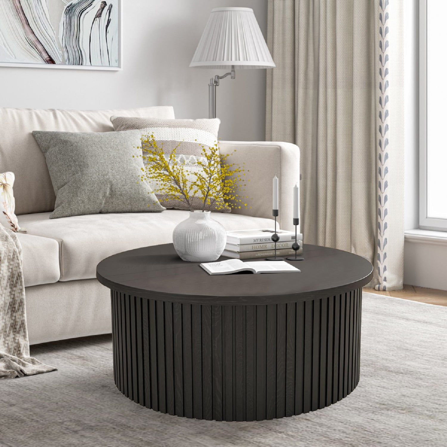 Round Coffee Table for Living Room, Farmhouse Lift Top Coffee Table, Fluted Center Table with Storage (Black)