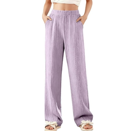 AHTJRT Kids Ribbed Wide Leg Pants High Elastic Waist Pants with Pockets Lightweight Cotton Comfy Soft Lounge Trousers Purple 5-6 Years AHTJRT Kids Ribbed Wide Leg Pants High Elastic Waist Pants with Pockets Lightweight Cotton Comfy Soft Lounge Trousers Purple 5-6 Years