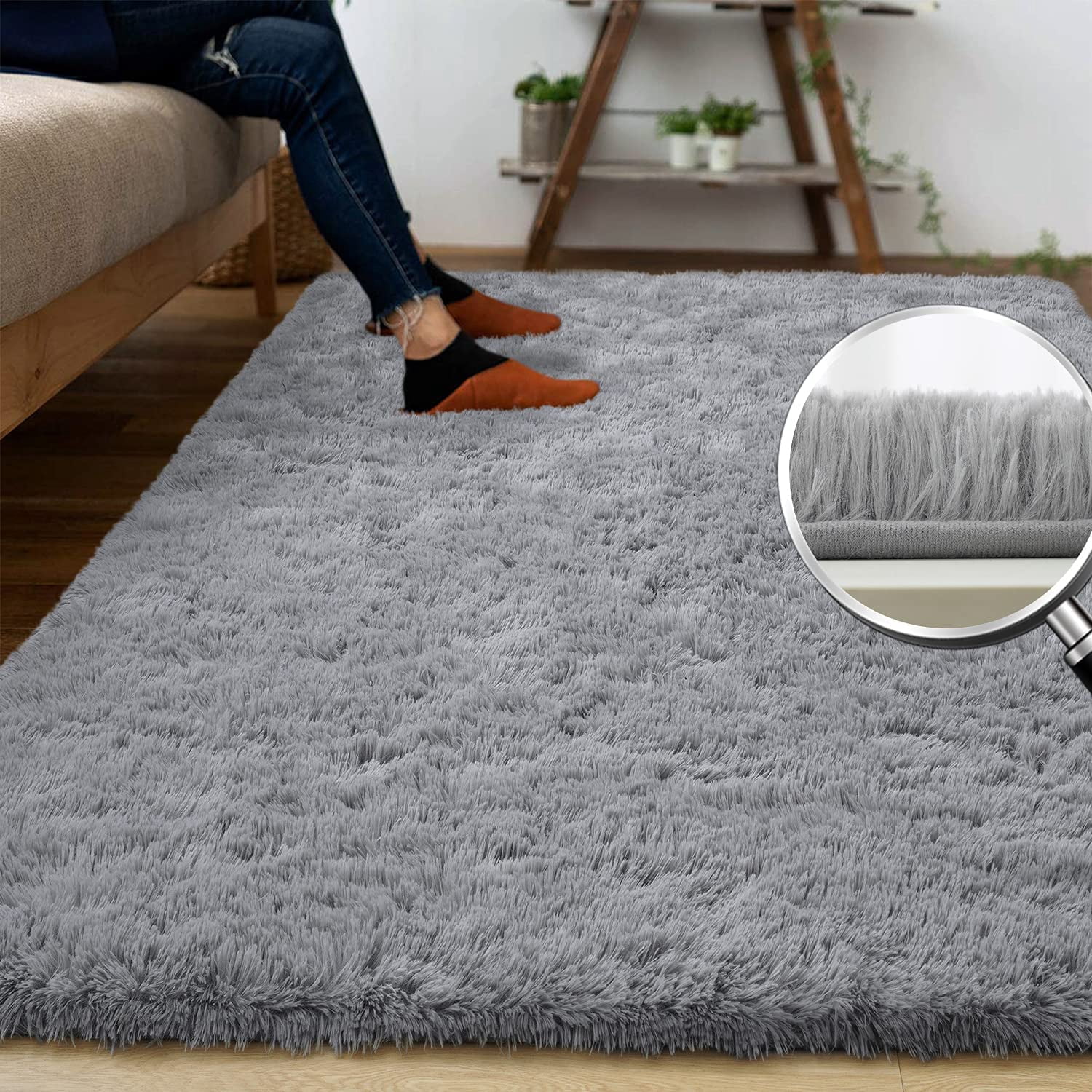 Noahas Fluffy Shaggy Rugs, 4x6 Feet Grey Plush Rugs for Girls Bedroom, Soft Kids Room Carpets, Bedside Rug, Upgrade Non-Slip Rugs for Children Nursery Dorm Home Decor, Grey