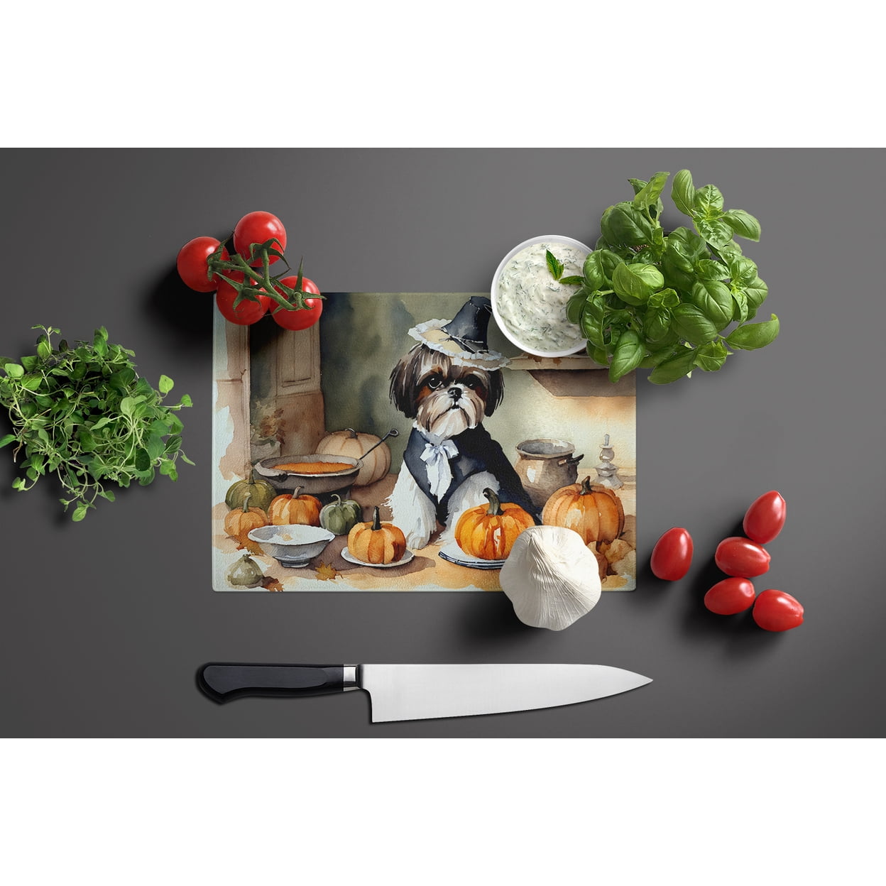 Shih Tzu Fall Kitchen Pumpkins Glass Cutting Board Large 12 in x 15 in