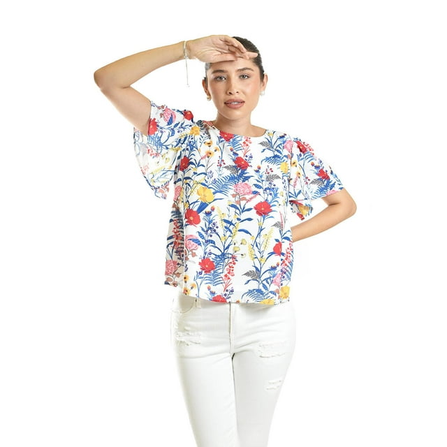 Blusa estampada de manga corta Roman Fashion, Juvenil, 5118 (Flor azul) azul G
