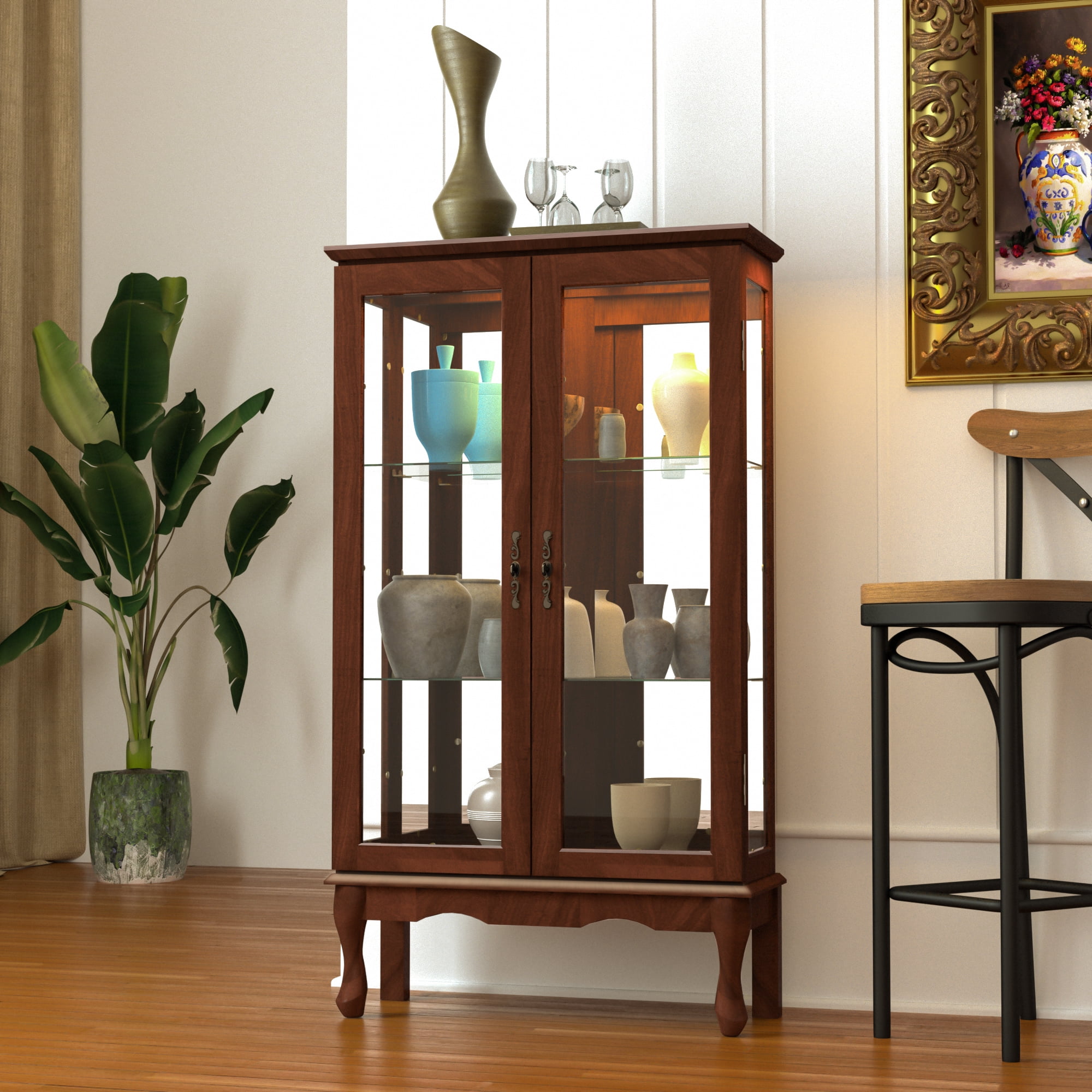Miniyam 3 Tier Curio Cabinet Lighted Curio Diapaly Cabinet with Adjustable Shelves and Mirrored Back Panel,Walnut
