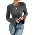 thumbnail image 2 of Lenpel Women's T-Shirts Bell Long Sleeve Crew Neck Ruffle Trim Slim Ribbed Knit Tops Brushed Fleece Tee Blouses(Dark Gray,Medium), 2 of 7