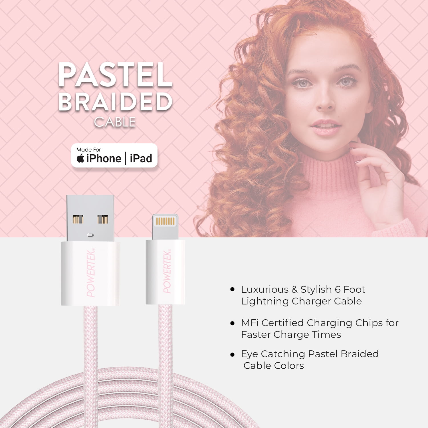 Liquipel Powertek Pastel Braided USB-A to Lightning - Light Pink
