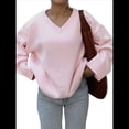 thumbnail image 3 of Suéteres de Cuello en V para Mujer, Suéteres Negros, Tops de Punto Básicos de Otoño con Dobladillo Alto y Bajo, Suéter Informal. Rosa L, 3 of 7