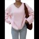 thumbnail image 3 of Suéteres de Cuello en V para Mujer, Suéteres Negros, Tops de Punto Básicos de Otoño con Dobladillo Alto y Bajo, Suéter Informal. Rosa L, 3 of 7