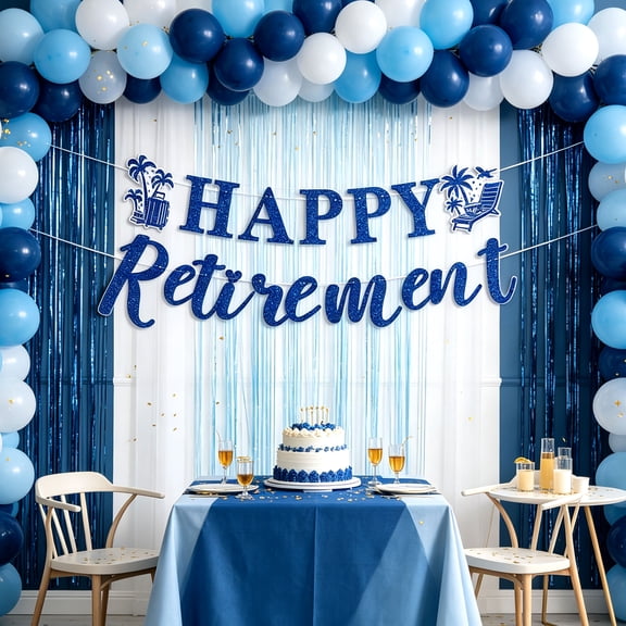 Happy Retirement Travel Vacation Theme Banner - Blue Sparkle Party Decoration for Retirement Celebrations