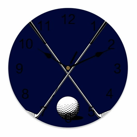 Silent Wall Clocks Battery Operated, Golf Clubs Round Decorative Wall Clock for Living Room Bedroom Kitchen Bathroom Classroom Decor, 10 Inch Balls Sports Navy Blue