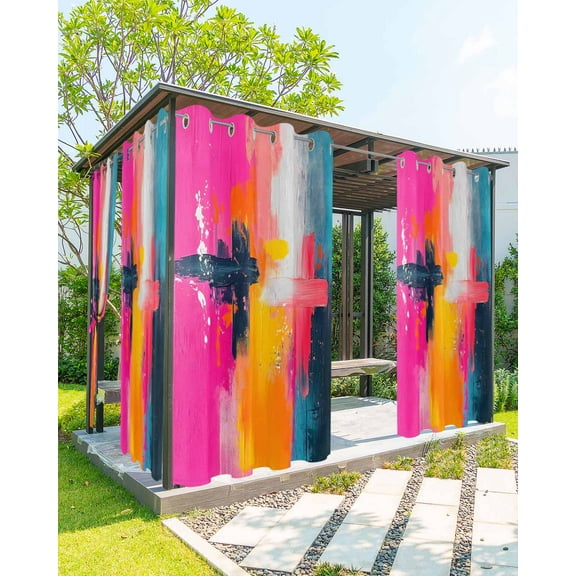 Outdoor Curtains for Patio, Pink Orange Blue Waterproof Blackout Outside Curtain for Porch/Pergola/Gazebo, Modern Oil Painting Art Thermal Insulated Drapes for Cabana, 2 Panels, 54 x 108 Inch