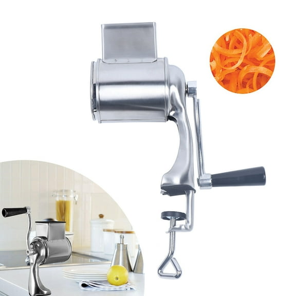 Stainless Steel Manual Grater, Rotary Chopper with 5 Drum Blades, Vegetable Shredder, Adjustable Base, for Cheese, Potatoes, Veggies, Carrots, Cucumbers, Silver