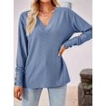 thumbnail image 5 of 3/4 Length Sleeve Womens Tops Summer Trendy Puff-Sleeve V-Neck Blouses Casual Textured Smocked T-Shirt  Blue 4XL, 5 of 6