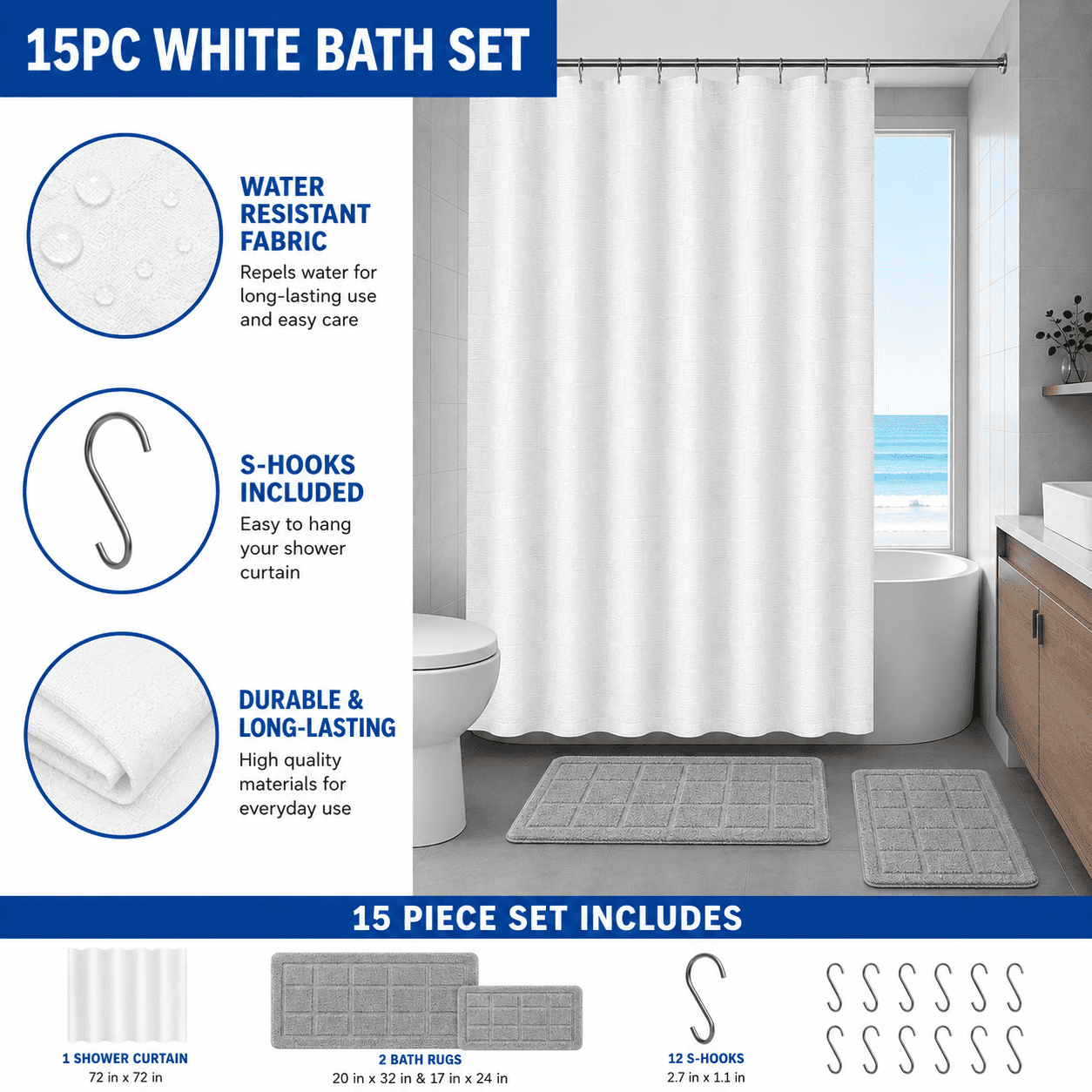 Mainstays 15-Piece White Textured Bathroom Set – Shower Curtain, Bath Rugs & Hooks, Elegant Washable Design