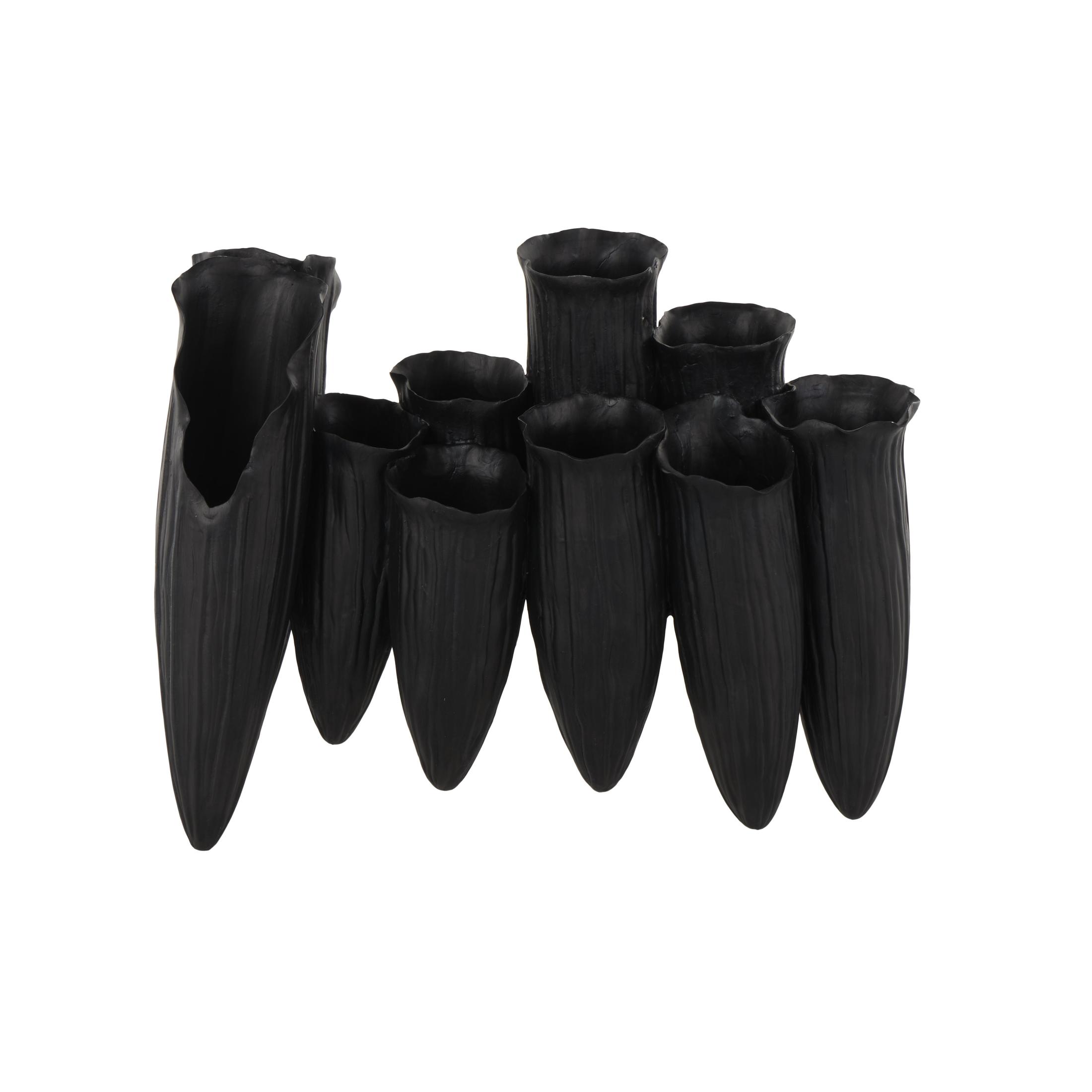 DecMode 11" Abstract Floral Inspired Black Ceramic Vase with Linear Grooves and 10 Openings