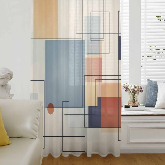 Orange Blue Geometric Semi Sheer Curtains Drapes for Living Room, Bedroom, French Doors Window 72 Inches Long, Vintage Contemporary Abstract Rod Pocket Chiffon Curtain Drapery Voile Draperies Panel