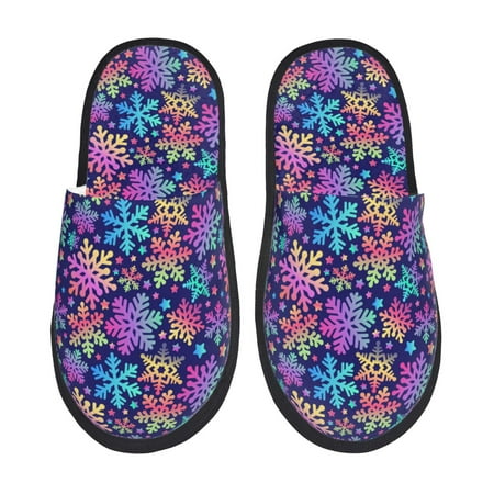 Balery Rainbow Snowflakes Slient Indoor Furry Fleece Comfort House Shoes Soft Non-Slip Home Shoes Cotton slippers House Slippers-- Large