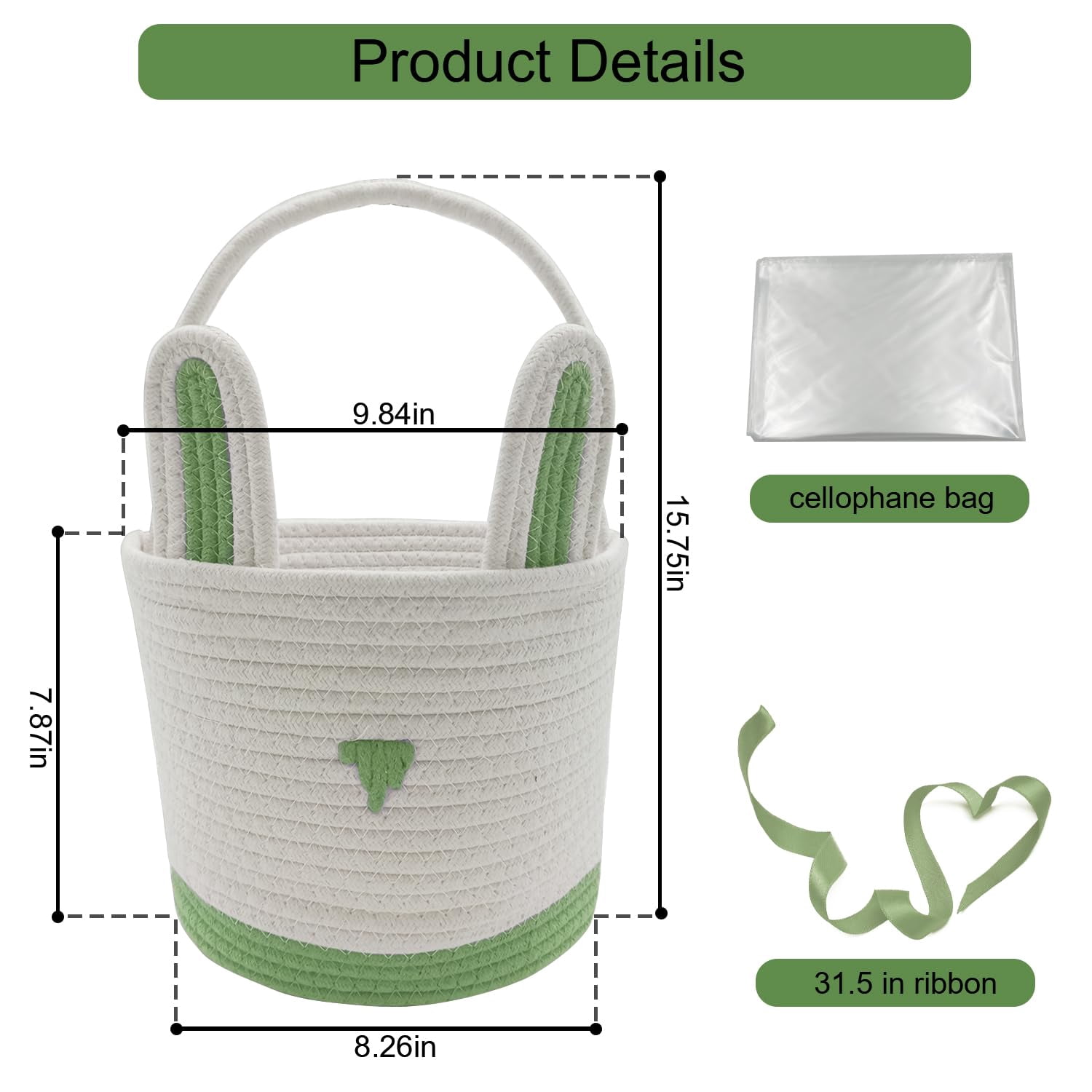 2 Pack Large Woven Easter Baskets for Girls & Boys - Empty Basket with Gift Bags and Ribbons Cute Easter Decorations Bunny Ears Designs (Blue+Green)