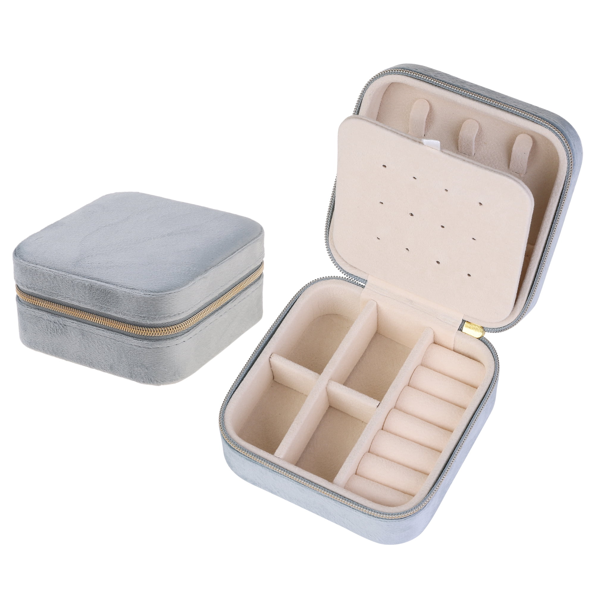 Unique Bargains Travel Jewelry Box Mini Portable Plush Velvet Jewelry Organizer Case Gray
